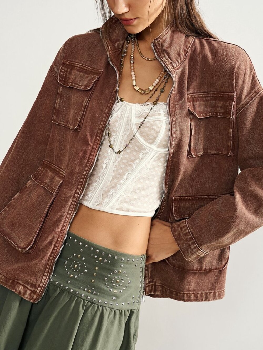 Brown Casual Women's Zipper Long Sleeve Jacket - Picture 6 of 9
